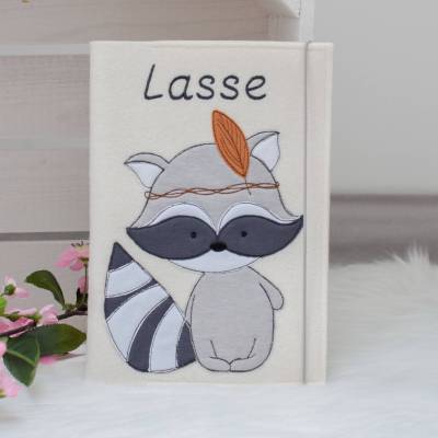 U-Heft Hülle Filz Stickdatei Waschbär Boho Wunschname, Untersuchungsheft, Umschlag, Geschenk Geburt, Vorsorgeheft