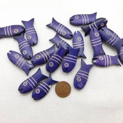 10 lila Knochenperlen in Fisch-Form ca. 31x12x5mm - violette handgemachte Bein-Perlen