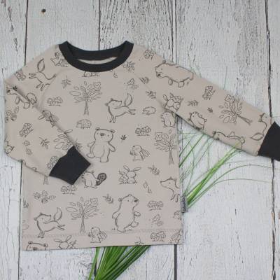 Langarmshirt Longsleeve Tierkinder Igel Hase Fuchs Eule Bär hellgrau dunkelgrau handmade Junge Mädchen Unisex