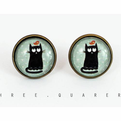 Ohrstecker, Katze, Vogel, mintgrün, Punkte, schwarz, Katzen, Glas, mint, lindgrün, rund, Fassung, antik, bronze, vintage, shabby, süß