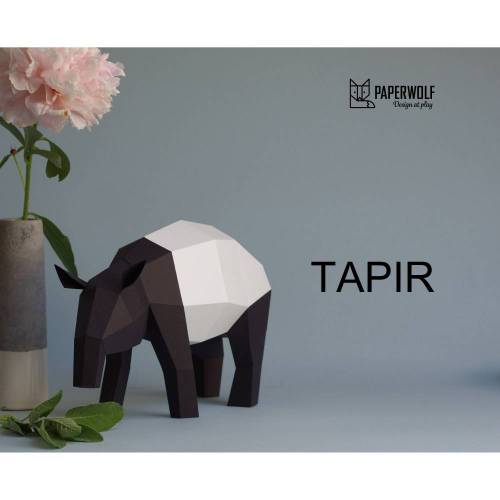 Tapir Schabrackentapir, Paperwolf Papiertiere Papierskulptur DIY Projekt, Tapier Bastelbogen schwarzweiß, Dekorationsobjekt geometrisch