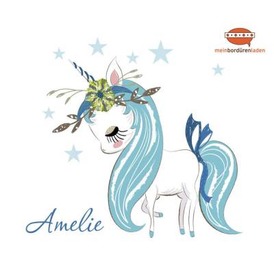 Wandtattoo: Einhorn + Wunschname - türkis | Wandaufkleber - Türaufkleber Einhorn mit Blumen & Sternchen