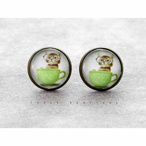 Ohrstecker, Ohrringe, Katzen, Tasse, vintage, Katze, lindgrün, boho, Liebe, Geburtstag, antik, bronze, edel, elegant, Schmuck, Kitty