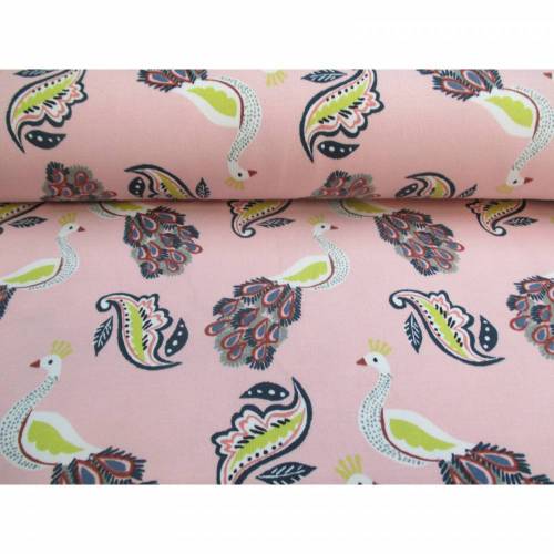 French Terry, Sweat, Baumwolljersey,Pfau,Pfauen, rosa, angeraut, Ökotex 100(1m/13,-€)