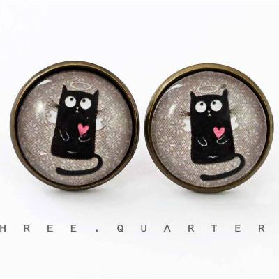 Ohrstecker, Katze, schwarz, Kitten, Herz, antik, bronze, grau, Muster, vintage, Katzen, Haustier, taupe, Fassung, Cabochon, Glas