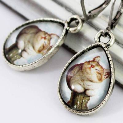 Ohrringe, Katze, silber, Schnee, Winter, Weihnachten, shabby, nostalgisch, retro, Tropfen, Katzen, Haustier, Schneeflocken, niedlich, süß