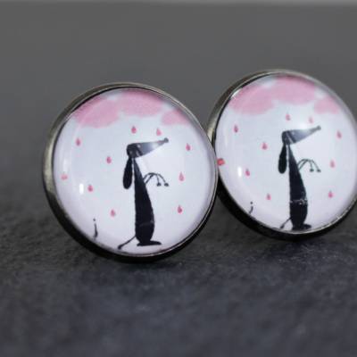 Ohrstecker, Ohrringe, Dackel, Wolken, Hund, Regen, Welpe, Regentropfen, weiß, rosa, niedlich, süß, vintage, Hochzeit, antik bronze, shabby