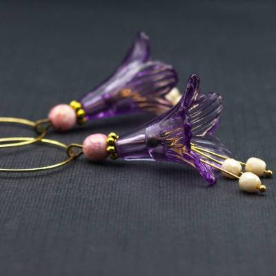 Ohrringe, Creolen, gold, Blumen, lila, Designer, Instyle, violett, creme, vintage, nostalgisch, bohemian, Party, rosa, Schmuck, boho