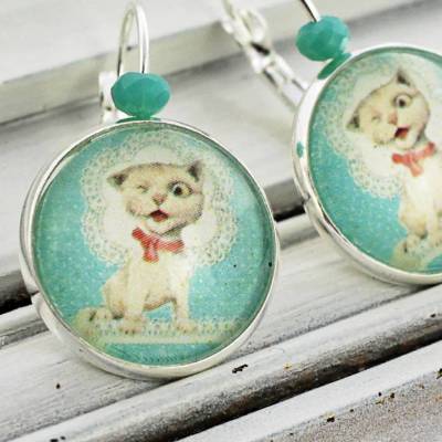 Ohrringe, Katze, Ohrstecker, retro, antik, vintage, nostalgisch, silber, Glas, weiß, türkis, mint, shabby, mintgrün, Haustier, Kätzchen