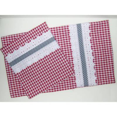 Puppenbettwäsche 2-teilig Karo mit Spitz, Wunschgröße,  für Puppenwagen, Bettwäsche, Bettwäsche Puppenwagen, Kissenbezüge, Puppenbett, rot, blau