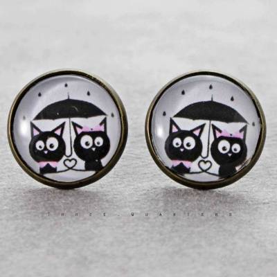 Ohrstecker, Ohrringe, Katzen, Regen, vintage, Katze, schwarz, weiß, boho, Liebe, Geburtstag, antik, bronze, edel, elegant, Schmuck, Kitty