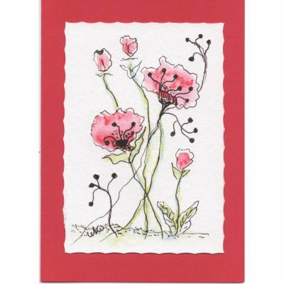 Karte zum Geburtstag mit handgemalten Aquarell, signiertes Unikat, rot 5 Blumen