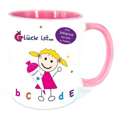Tasse Schulkind mit Namen – personalisiertes Geschenk zur Einschulung, rosa, für Mädchen