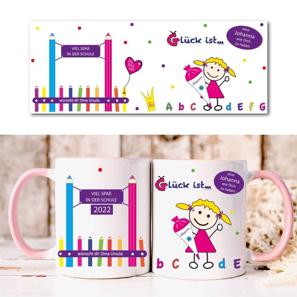 Tasse Schulkind mit Namen – personalisiertes Geschenk zur Einschulung, rosa, für Mädchen Bild 2