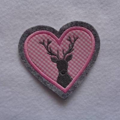 ﻿﻿ Applikation  Aufnäher  Herz  Hirschkopf  Hirsch  rosa