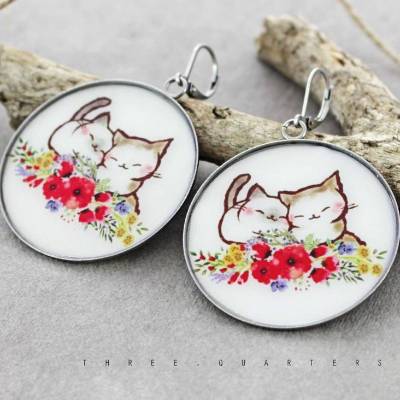 Ohrringe, Katzen, Blumen, Scheiben, Katze, Tiere, Pärchen, Kätzchen, weiß, niedlich, Haustier, Kitty, silber, rund, Kreis, modern