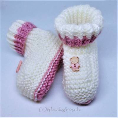 Babyschuhe weiß rosa mit Teddybär, Fußlänge 9 cm, kuschelweiche Babywolle