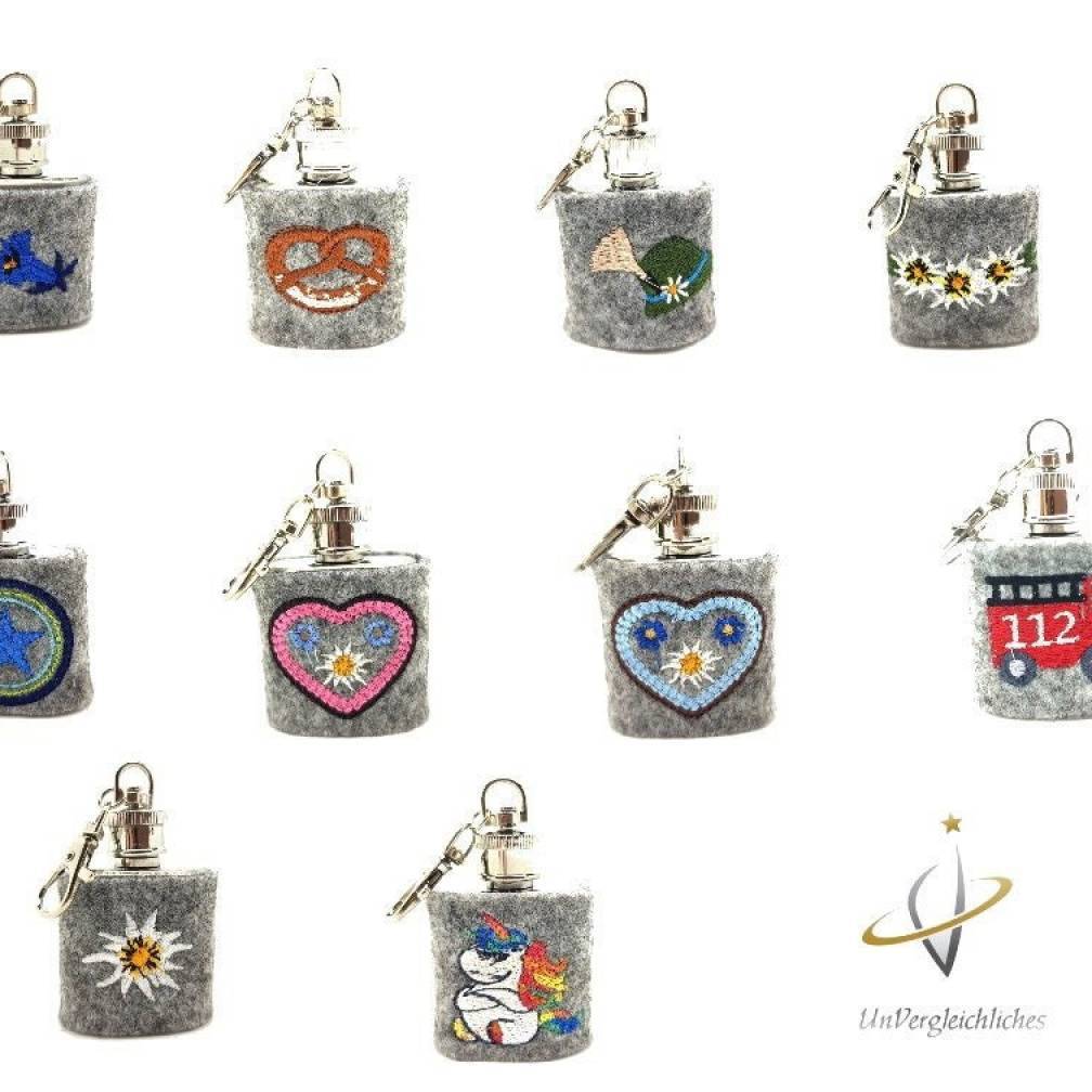 Mini Edelstahl Flachmann bestickt Filz 30 ml Geschenk Weihnachten Männergeschenk Schlüsselanhänger