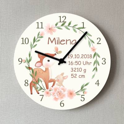 Kinder Wanduhr Reh Tiere Baby Taufe Geburtsdatum Geburt Uhr 25 cm Babygeschenk Kinderuhr