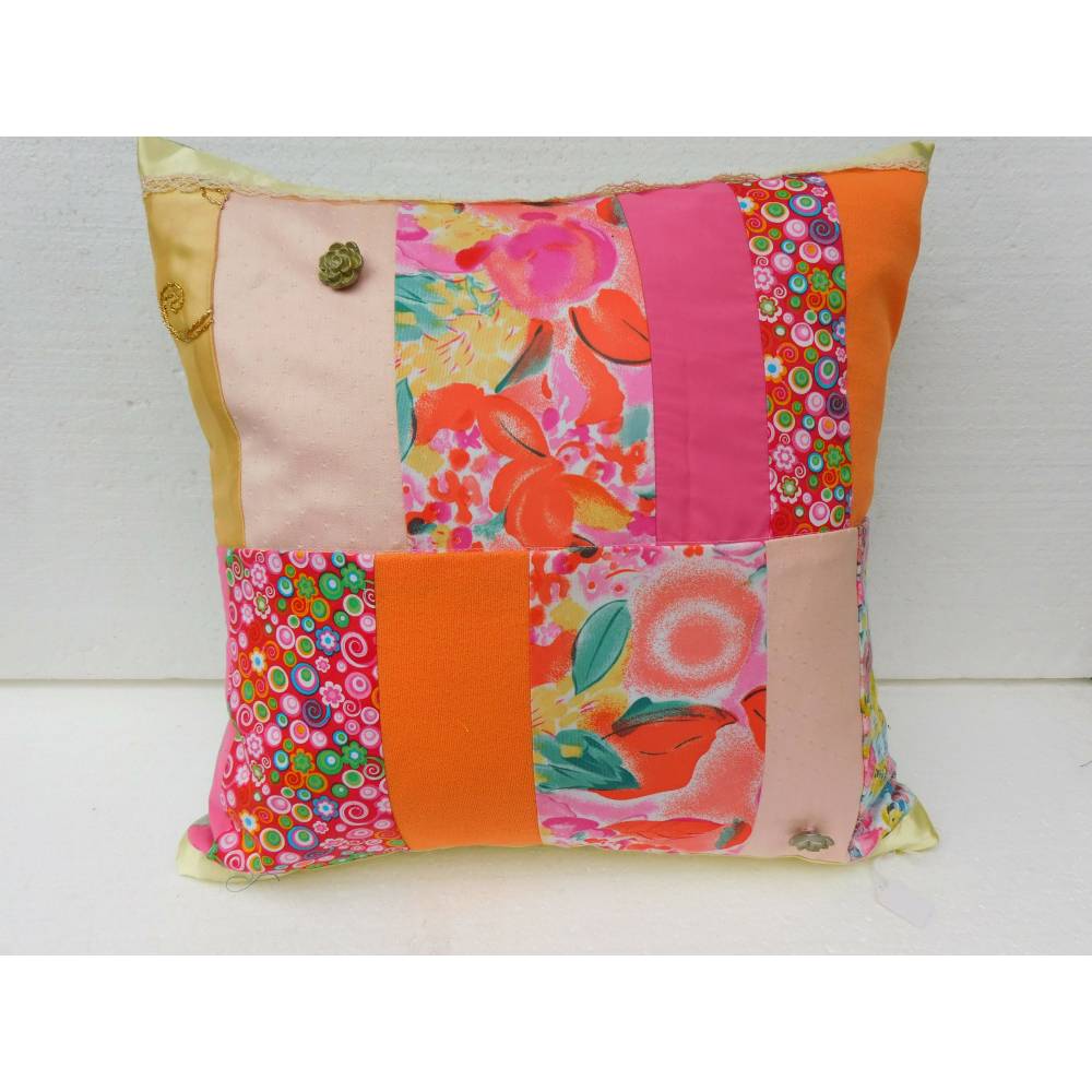 buntes Patchworkkissen , Kissenbezug in orange und pink , Dekokissen , 50 x 50 cm , Unikat