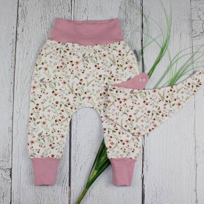 Baby Kinder Kinderhose Babyhose Pumphose Hose Freizeithose Wiesenblumen Blumen handmade Mädchen ecru altrosa 