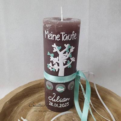 Taufkerze Rustikkerze Kreuz in mint-weiß