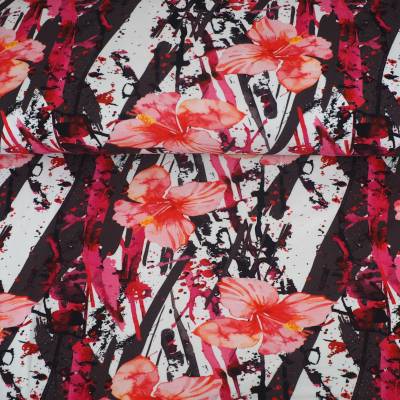 French Terry abstraktes Muster mit Hibiskusblüten - schwarz weiß pink - Stoffe Meterware
