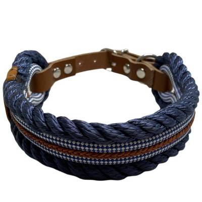 Hundehalsband, verstellbar, 40 mm breit, blau, weiß, cognac, Leder und Schnalle 