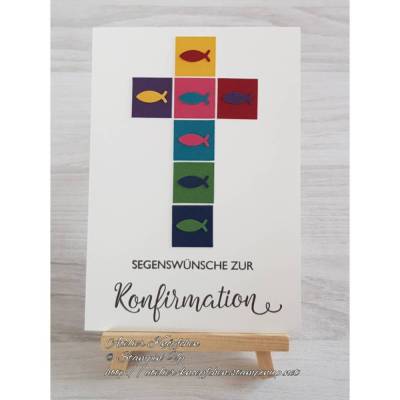 Grußkarte: Segenswünsche zur Konfirmation ~ Kreuz aus bunten Quadraten mit Fischen ~ 10,5 x 14,85 cm