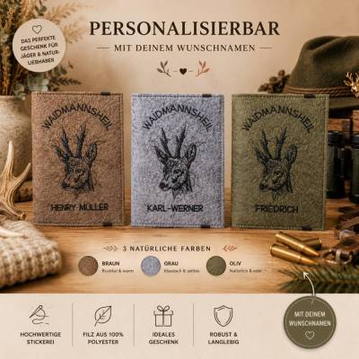 Personalisierte Jagdscheinhülle aus Filz mit Rehbock | Jagdschein Etui | Waidmannsheil | Wunschname | Geschenk für Jäger