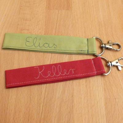 kurzes Schlüsselband mit Name oder Text, genäht, 20 Farben, Biobaumwolle, Handarbeit