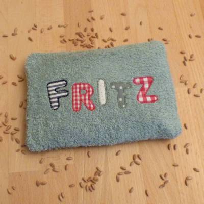 Wärmekissen mit Name, mit Inlett, 18 x 13 cm, Biobaumwoll-Frottee, 6 Farben, Handarbeit 