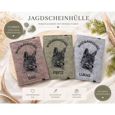 Personalisierte Jagdscheinhülle aus Filz mit Fuchs | Jagdschein Etui | Waidmannsheil | Geschenk für Jäger | Wunschname |
