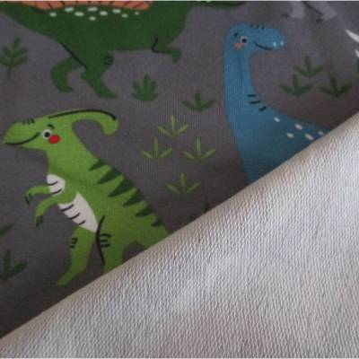 French Terry, Sweat Dino-Party unangeraut grau Oeko-Tex Standard 100(1m/18,-€)