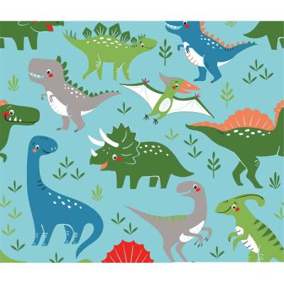 French Terry, Sweat Dino-Party unangeraut hellblau Oeko-Tex Standard 100(1m/18,-€)
