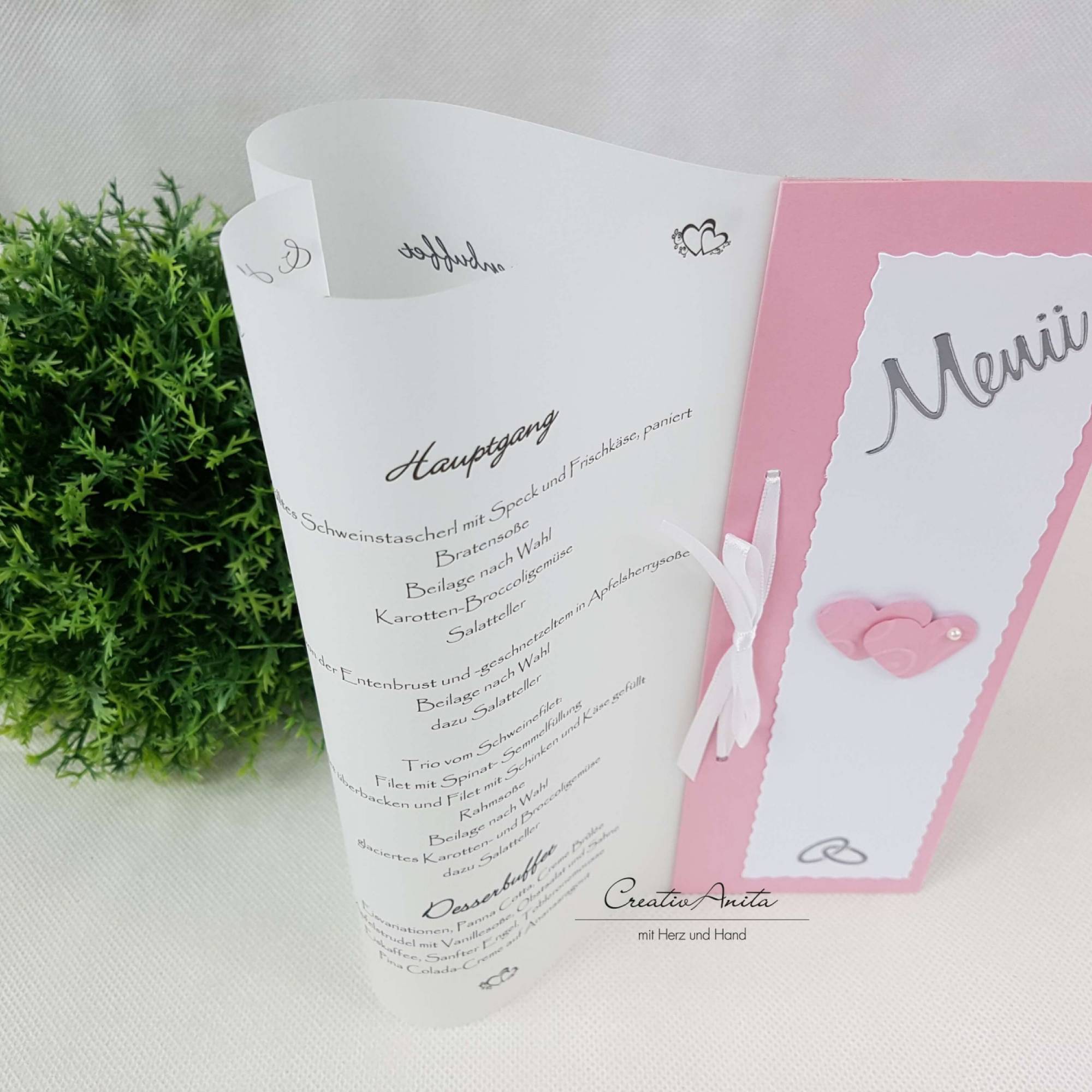 Menükarte Tischlicht HERZ rosa-weiß - 5 Stück