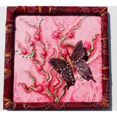 Collage RETRO-SCHMETTERLING Acrylbild Malerei mit Acrylfarben im Shabby-Style handgefertigter Schmetterling aus Metall