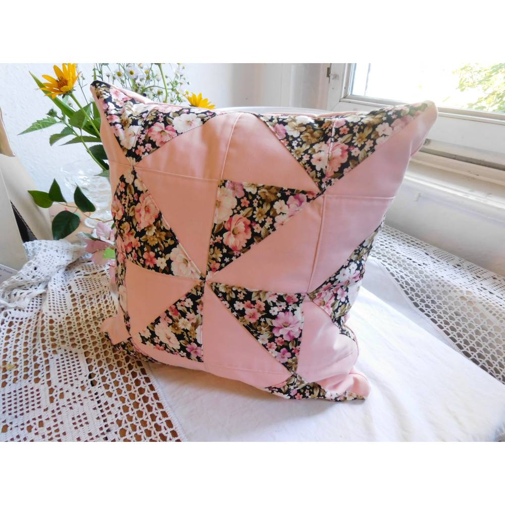 dekoratives Patchwork Kissen rosa , Blumenkissen , Kissenbezug 40x40 , Homedecor