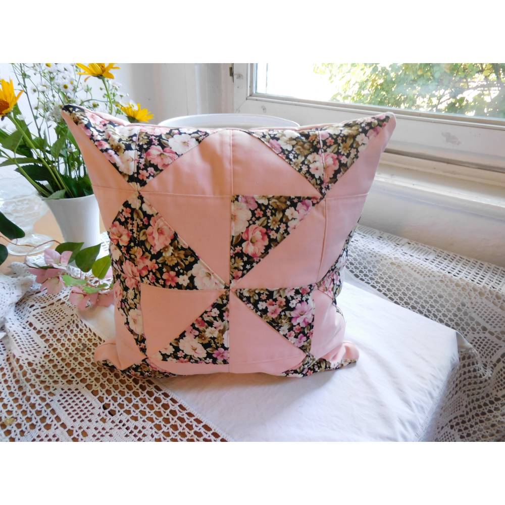 dekoratives Patchwork Kissen rosa , Blumenkissen , Kissenbezug 40x40 , Homedecor