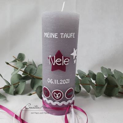 Taufkerze Rustik- Sterne grau-beere - Mädchen Taufe Geburt