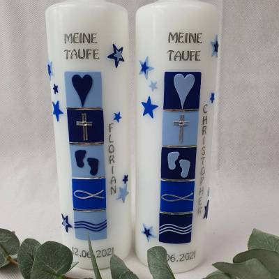 Taufkerze mit christlichen Symbolen in verschiedenen Blautönen - Zwillinge oder einzeln - personalisiert inkl. Aufbewahr