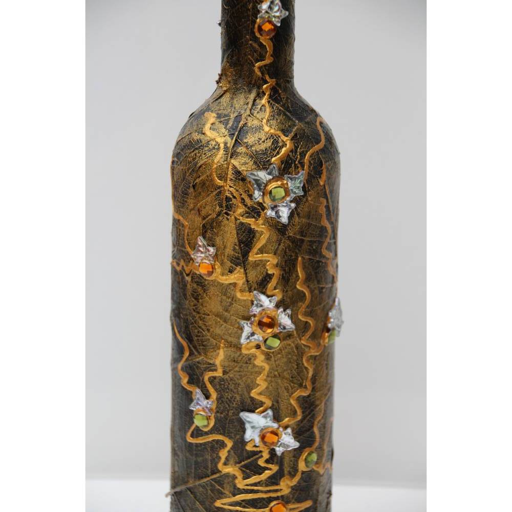 Dekoflasche GLITZERBLÄTTCHEN Upcycling dekorierte bemalte Flasche Flaschenkunst Dekoration Collage Herbstdeko