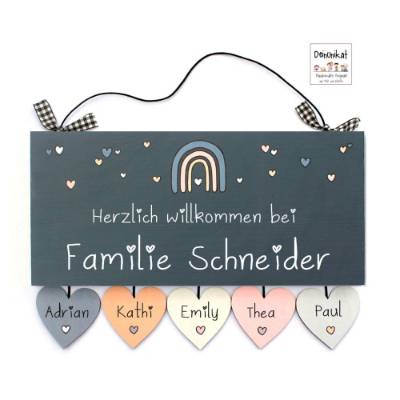 Personalisiertes Türschild aus Holz mit Namen & Regenbogen – Handgemachtes Familienschild wetterfest für die Haustür, einzigartiges Familiengeschenk