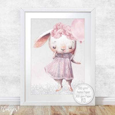 Kinderzimmer Dekoration [A3] Mädchen Hase Babyzimmer Bilder Tiere Poster  | Fluffy Hugs