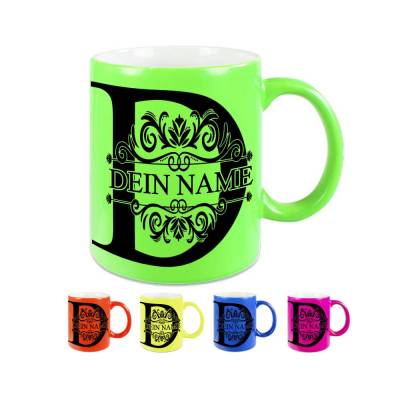 Neon Tasse beidseitig mit Namen / 5 verschiedene Farben / Buchstabe / Ornament