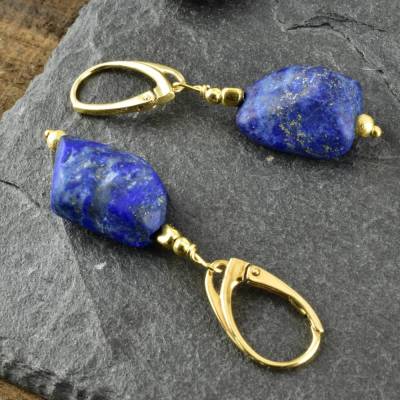 Lapislazuli Ohrringe, dunkelblau mit vergoldeten 925er Silber, matter Lapis Lazuli, Ohrhänger , Geschenk Freundin