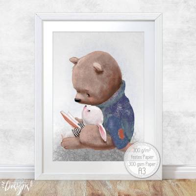 Kinderzimmer Poster [A3] Bär & Hase Babyzimmer Bilder Tiere Dekoration  | Fluffy Hugs