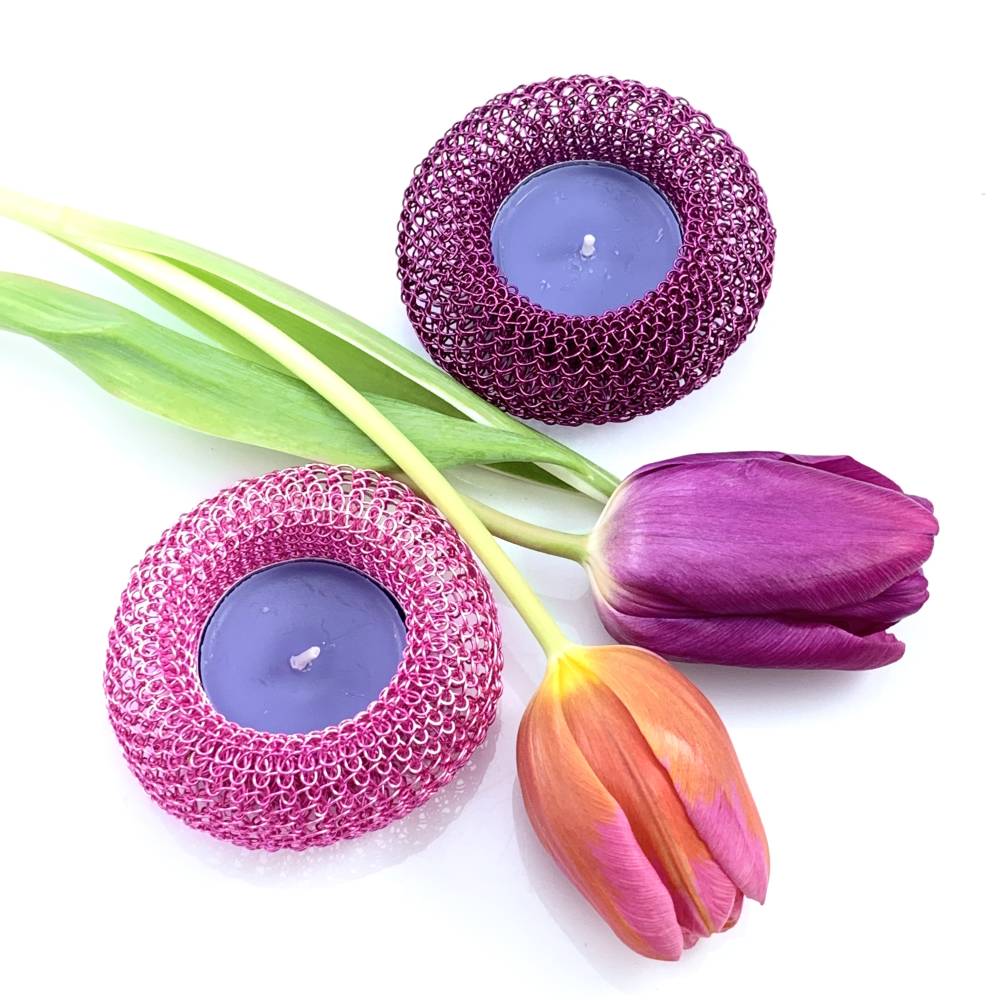 TEELICHTHALTER Donut - fingergestrickt aus pink- oder fuchsiafarbenem Kupferdraht Bild 7