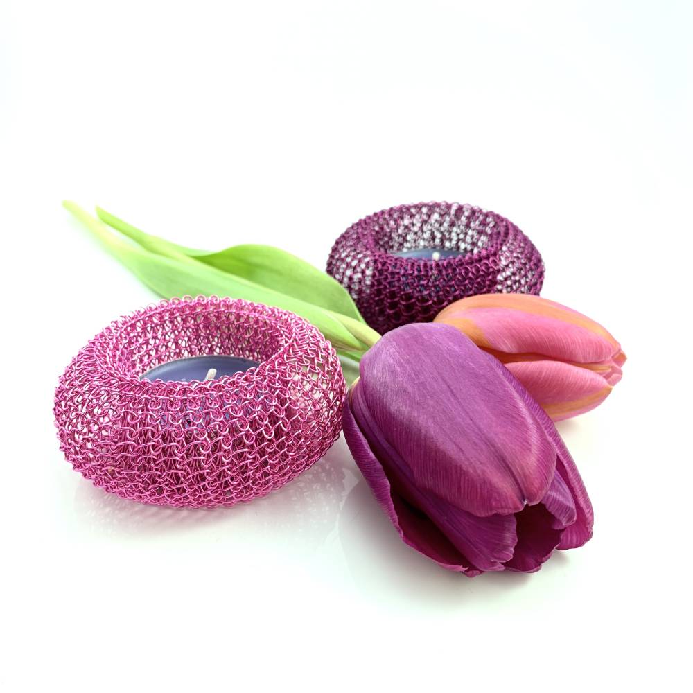 TEELICHTHALTER Donut - fingergestrickt aus pink- oder fuchsiafarbenem Kupferdraht Bild 8