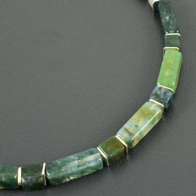 Kette/Halskette mit Moosachat und 925er Silber, Edelsteinkette in grün, Würfel und Rechtecke mit Scheiben aus Silber